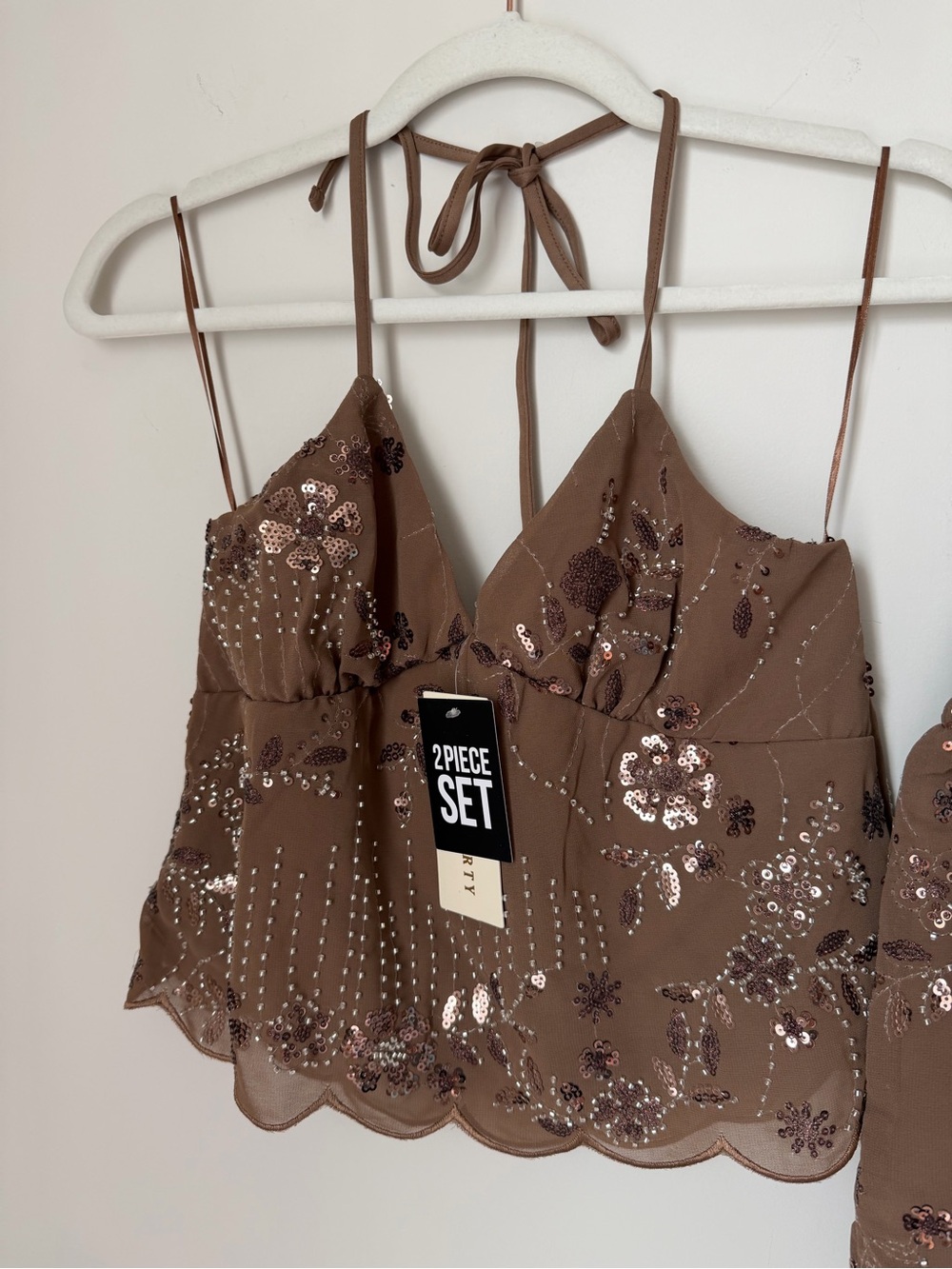 Brown beaded Sequin halter top and Mini Skirt 2 Piece Set - Picture 4 of 7